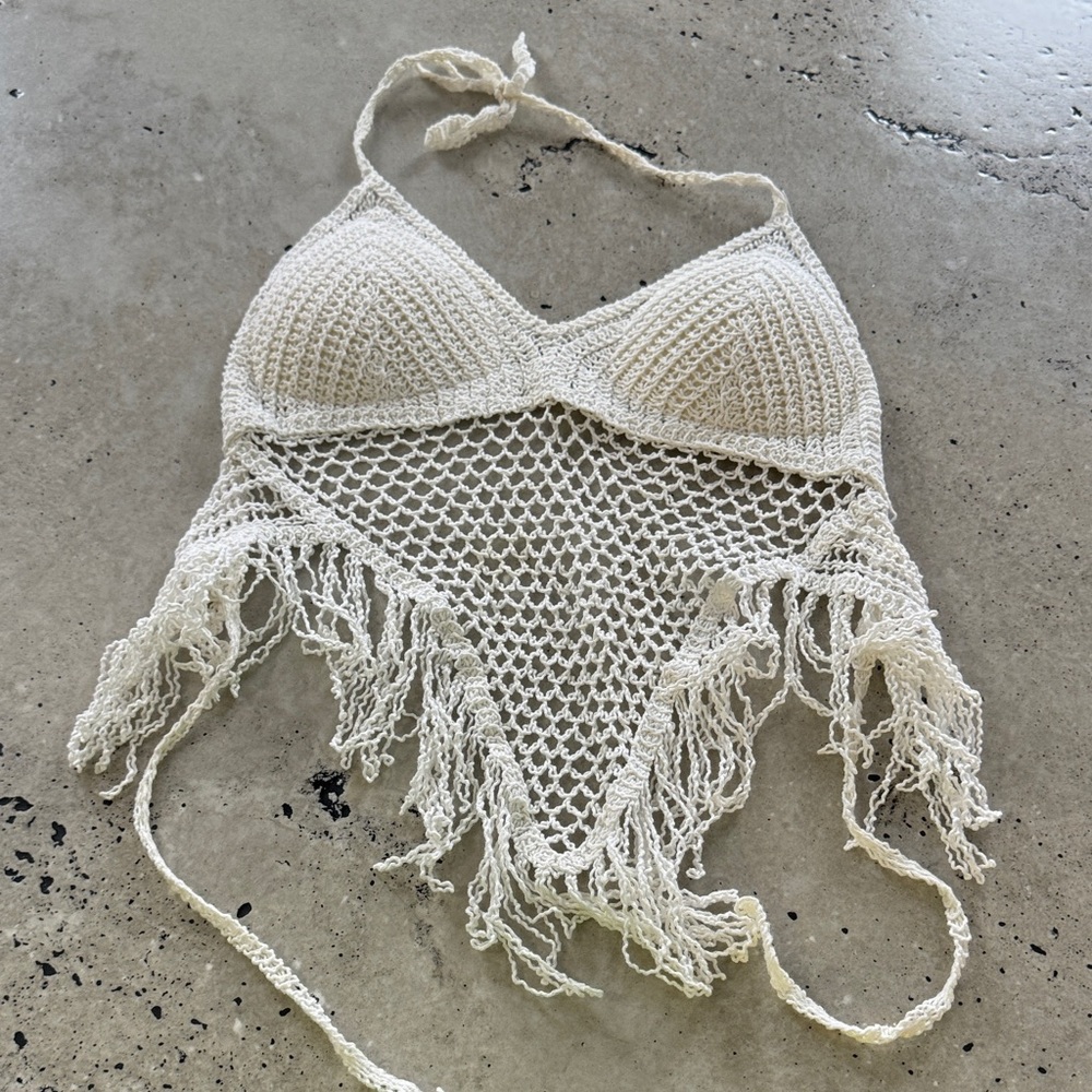 White Crochet Fringe Halter Top